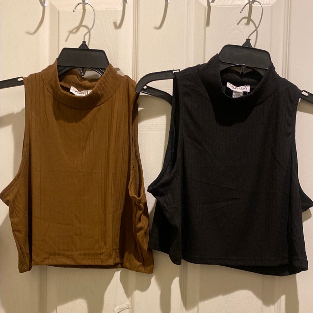 Capelli of New York Brown and Black Sleeveless Crop Muscle Tees
